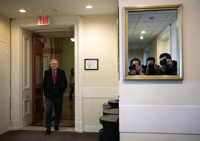 U.S. Senate Majority Leader Sen. Mitch McConnell (R-KY) arrives for a news conference on Capitol Hill on Feb. 17, 2017. (Alex Wong/Getty Images)