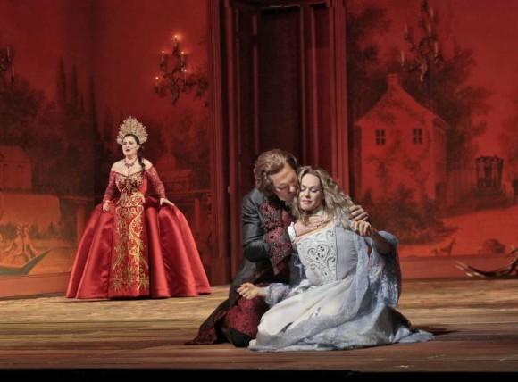 (L–R) Katarina Dalayman as the Foreign Princess, Brandon Jovanovich as the Prince, and Kristine Opolais as Rusalka. (Ken Howard/ Metropolitan Opera)