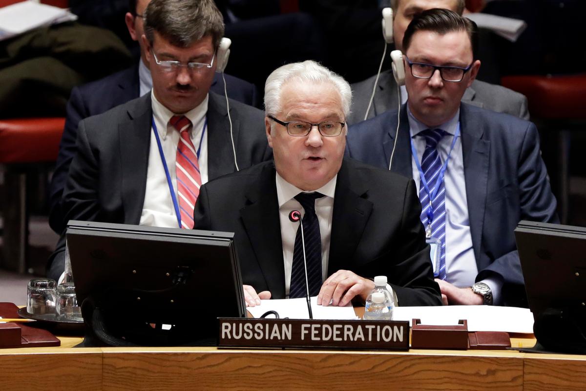 Russia's Ambassador to the U.N. Vitaly Churkin addresses a Security Council meeting at the United Nations on Feb. 2, 2017. (AP Photo/Richard Drew)
