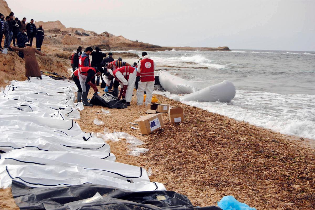 The bodies of people that washed ashore and were recovered by the Libyan Red Crescent, near Zawiya, Libya on Feb. 20, 2017. (Mohannad Karima/IFRC via AP)