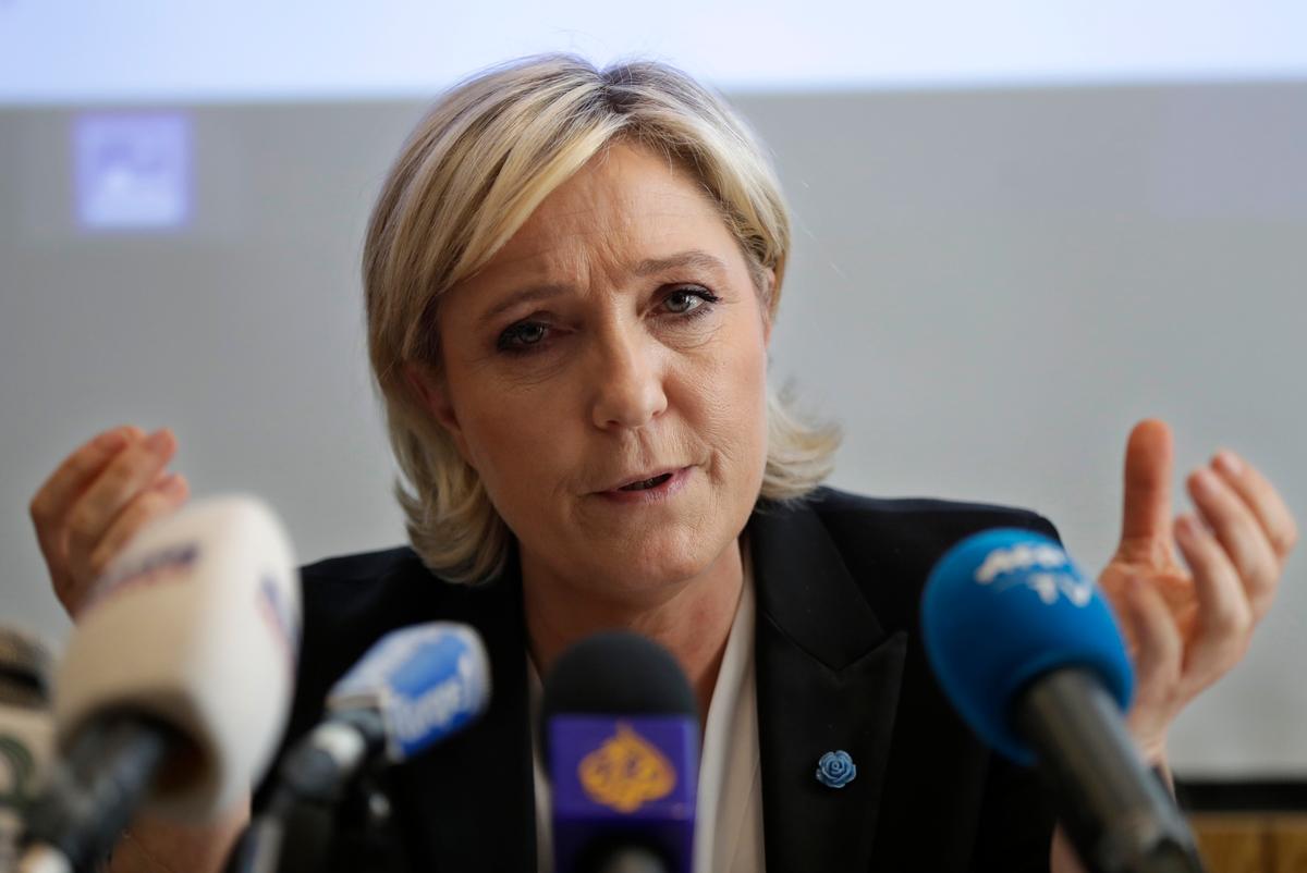 French right-wing presidential candidate Marine Le Pen speaks during a press conference, in Beirut, Lebanon on Feb. 21, 2017. (AP Photo/Hussein Malla)