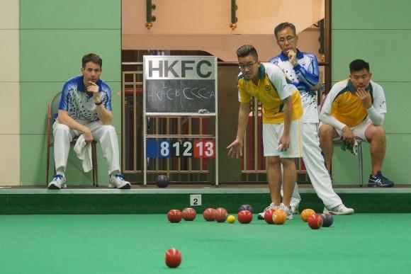 (L-R)- Neil Herrington (HKFC-B), Jordi Lo (CCC-A), Kenny Tam ( HKFC-B) and Bronson Fung (CCC-A) playing in the HKLBA men's Triples league on Saturday Feb 18, 2017. (Mike Worth)