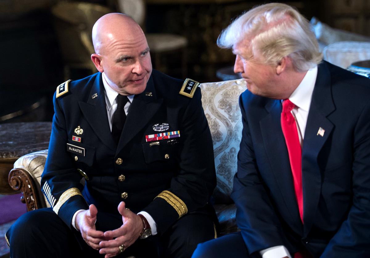 President Donald Trump announces US Army Lieutenant General H.R. McMaster (L) as his national security adviser at his Mar-a-Lago resort in Palm Beach, Fla., on Feb. 20, 2017. (NICHOLAS KAMM/AFP/Getty Images)