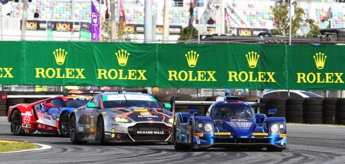 Multi-class racing at its best at Daytona: the Prototype-class #90 VisitFlorida Riley-Gibson, the GTD-class #98 Aston Martin Vantage, and the GTLM #69 Ford GT. (Chris Jasurek/Epoch Times)