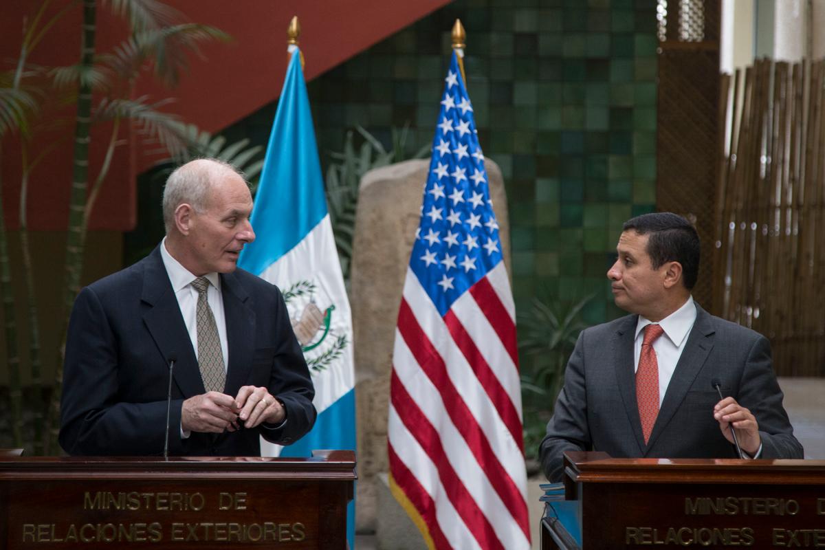 U.S. Secretary of Homeland Security John F. Kelly (L) and Guatemala's Foreign Minister Carlos Morales give a joint press conference at the Foreign Affairs Ministry in Guatemala City on Feb. 22, 2017. (AP Photo/Luis Soto)