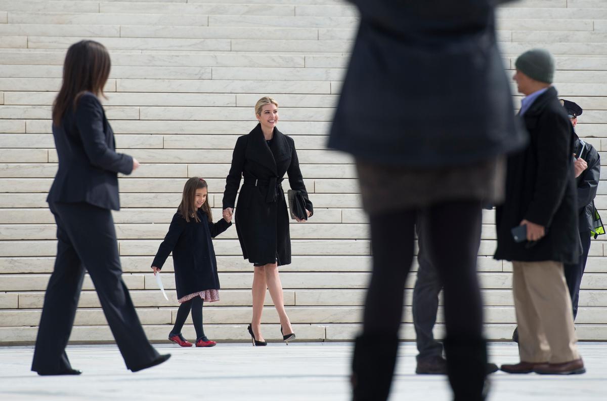 Ivanka Trump and her daughter Arabella Kushner walk down the steps of the Supreme Court in Washington on Feb. 22, 2017. (AP Photo/Molly Riley)