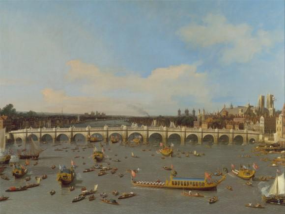 "Westminster Bridge, with the Lord Mayor's Procession on the Thames" by Canaletto. (public domain)