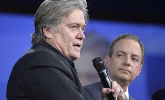 White House Chief Strategist Steve Bannon (L) and White House Chief of Staff Reince Priebus at the Conservative Political Action Conference in National Harbor, Maryland, on Feb. 23. (Mike Theiler/AFP/Getty Images)