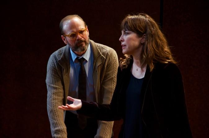 (L–R) Chris Bauer and Rebecca Pidgeon in the world premiere of David Mamet's "The Penitent," directed by Neil Pepe. (Doug Hamilton)
