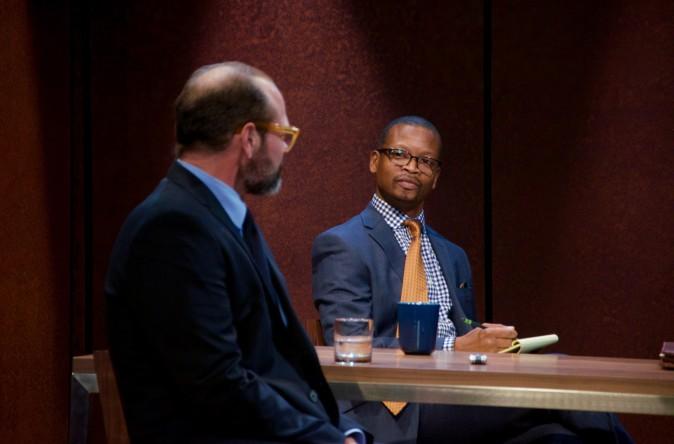 (L–R) Chris Bauer and Lawrence Gilliard Jr. in the world premiere of David Mamet's "The Penitent," directed by Neil Pepe. (Doug Hamilton)