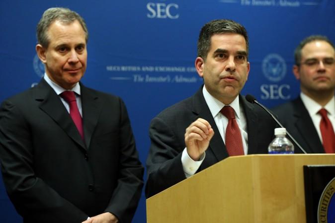 U.S. Securities and Exchange Commission (SEC) Enforcement Director Andrew Ceresney announcing a settlement with Barclays and Credit Suisse on federal and state charges in New York Feb. 27. (Spencer Platt/Getty Images)