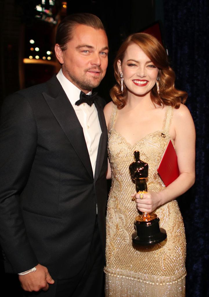 Actor Leonardo DiCaprio (L) and actress Emma Stone, winner of Best Actress for 'La La Land' backstage during the 89th Annual Academy Awards at Hollywood & Highland Center in Hollywood, CA., on Feb. 26, 2017. (Christopher Polk/Getty Images)