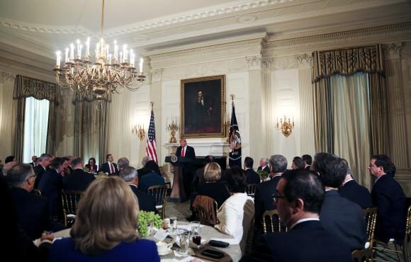President Donald Trump speaks at the National Governors Association meeting in the State Dining Room of the White House Washington on Feb. 27, 2017. (Aude Guerrucci-Pool/Getty Images)