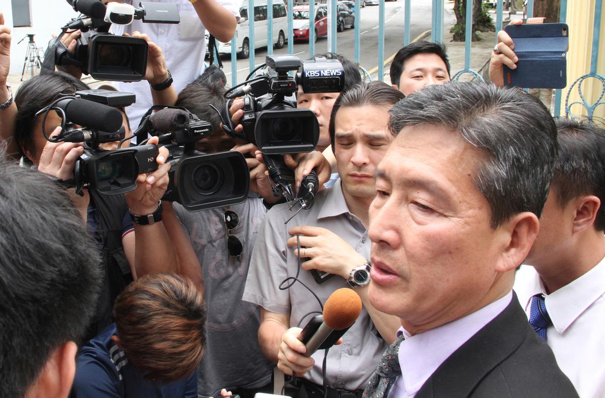 Ri Tong Il, former North Korean deputy ambassador to the United Nations, speaks to reporters outside the North Korean embassy in Kuala Lumpur, Malaysia on Feb. 28, 2017. (AP Photo)