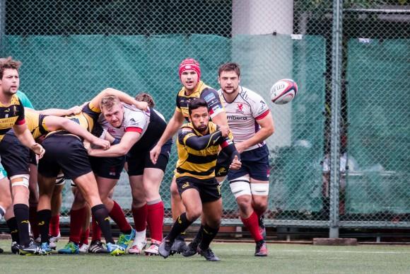 Tigers scrum half sets up an attack in the Grand Championship quarter final match against HK Scottish at The Rock, on Saturday Feb 26. (Dan Marchant)