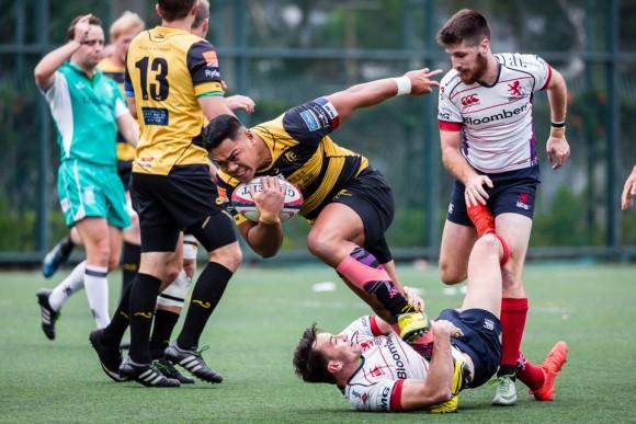 Furious action in the Tigers against HK Scottish Grand Championship quarter final match at The Rock, on Saturday Feb 26, 2017. (Dan Marchant)