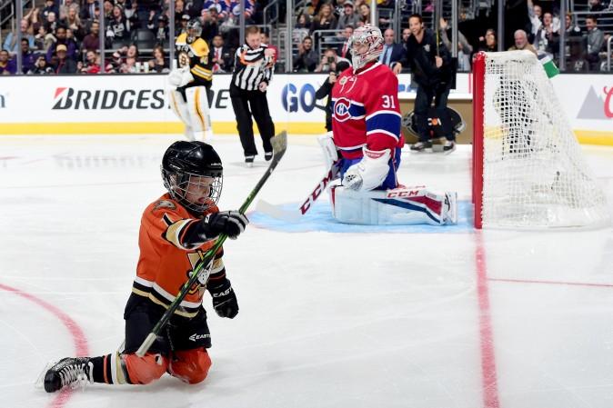 Ryker Kesler, son of Ryan Kesler of the Anaheim Ducks, reacts after scoring a goal in the Discover NHL Shootout in Los Angeles. (Harry How/Getty Images)