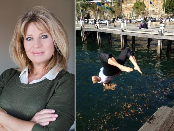 U.S. Olympian and author Alexandra Allred (L) and Allred diving into a harbor. (Courtesy of Alexandra Allred)