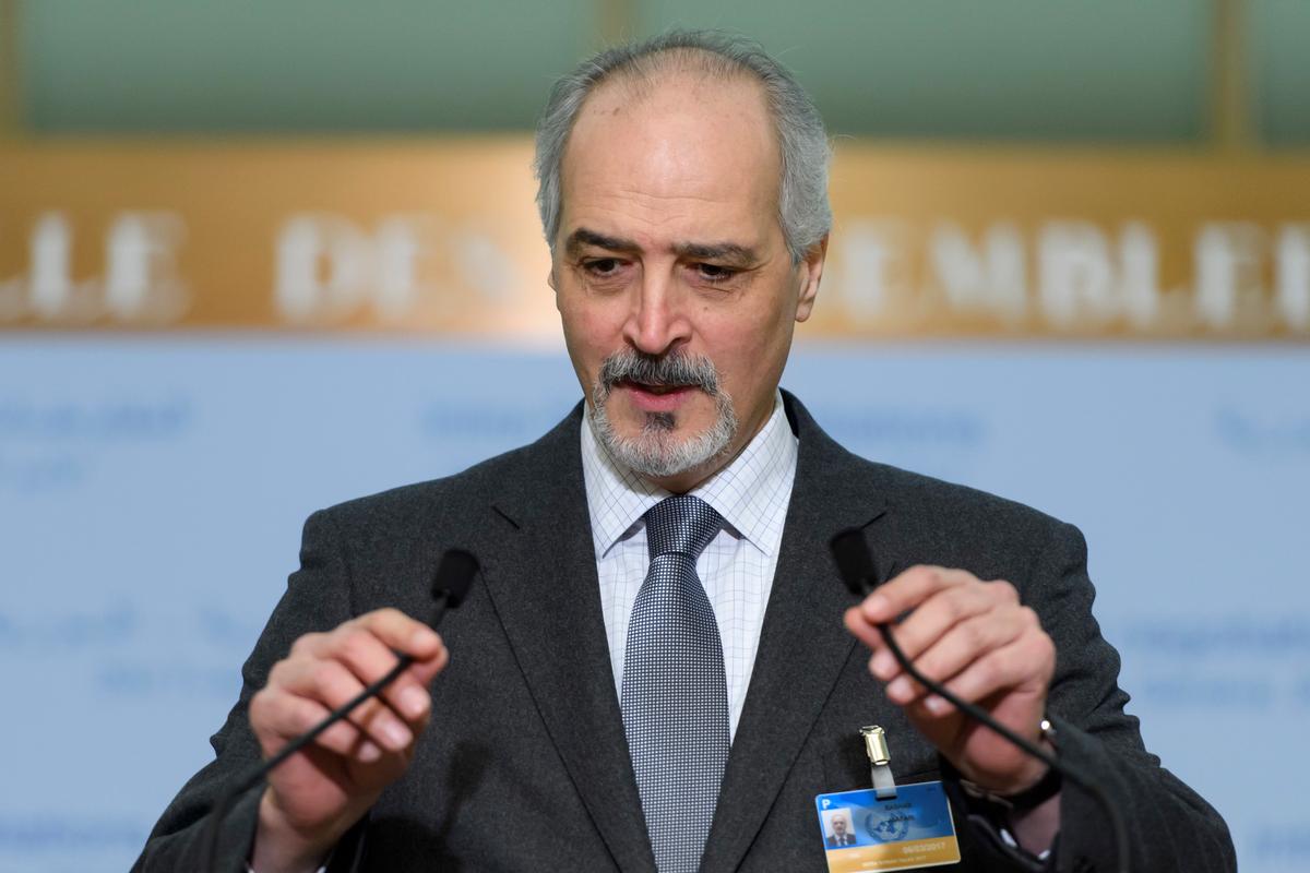 Syrian chief negotiator Bashar al-Jaafari, Ambassador of the Permanent Representative Mission of Syria to UN New York, informs to the media after the round of negotiation between the Syrian government and the UN Special Envoy of the Secretary-General for Syria Staffan de Mistura (not pictured), at the European headquarters of the United Nations in Geneva, Switzerland on March 2, 2017. (Martial Trezzini/Keystone via AP)