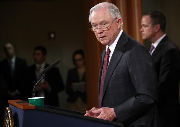 Attorney General Jeff Sessions speaks during a press conference at the Department of Justice in Washington on March 2, 2017. (Win McNamee/Getty Images)