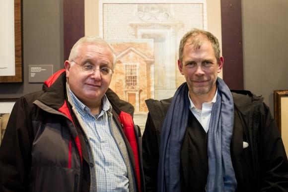Michael Djordjevitch (L) and Richard Cameron of Atelier & Co. at the "Art of Architecture" exhibit at Eleventh Street Arts gallery in Queens, New York, on March 2, 2017. (Samira Bouaou/Epoch Times)