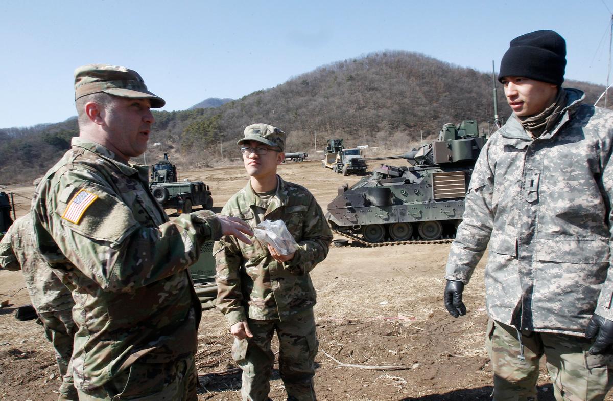U.S. Army soldiers prepare their military exercise in Paju, near the border with North Korea, South Korea on March 6, 2017. (AP Photo/Ahn Young-joon)