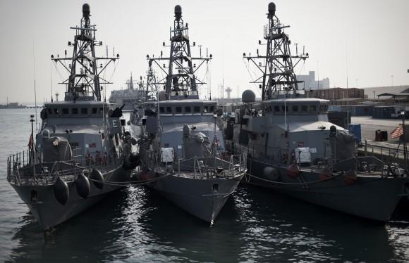 A picture taken on April 9, 2016 shows US Navy ships moored ahead of the International Mine Countermeasures Exercise (IMCMEX) organised by the US Navy at its Naval Support Activity base, the 5th Fleet command center, in the Bahraini capital Manama. (MOHAMMED AL-SHAIKH/AFP/Getty Images)