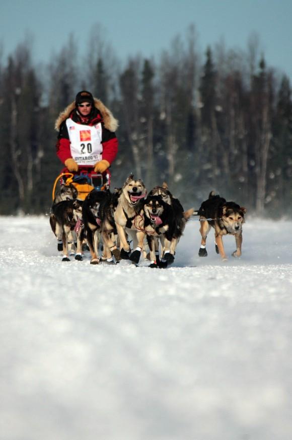 Iditarod champion Micth Seavey mushes his sled dog team over the frozen Willow Lake as Iditarod XXXV official begins 04 March 2007 in Willow, Alaska. (JIM WATSON/AFP/Getty Images)