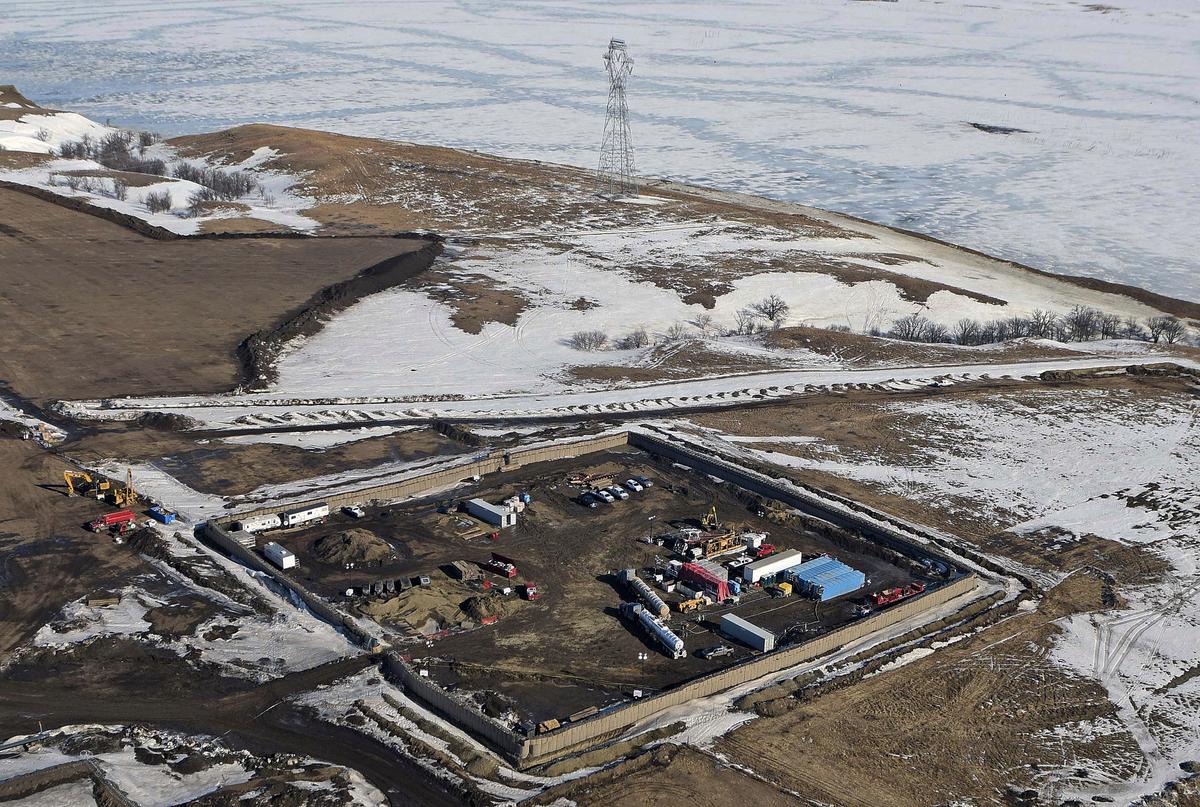 The site where the final phase of the Dakota Access Pipeline will take place with boring equipment routing the pipeline underground and across Lake Oahe to connect with the existing pipeline in Emmons County near Cannon Ball, N.D. (Tom Stromme/The Bismarck Tribune via AP)