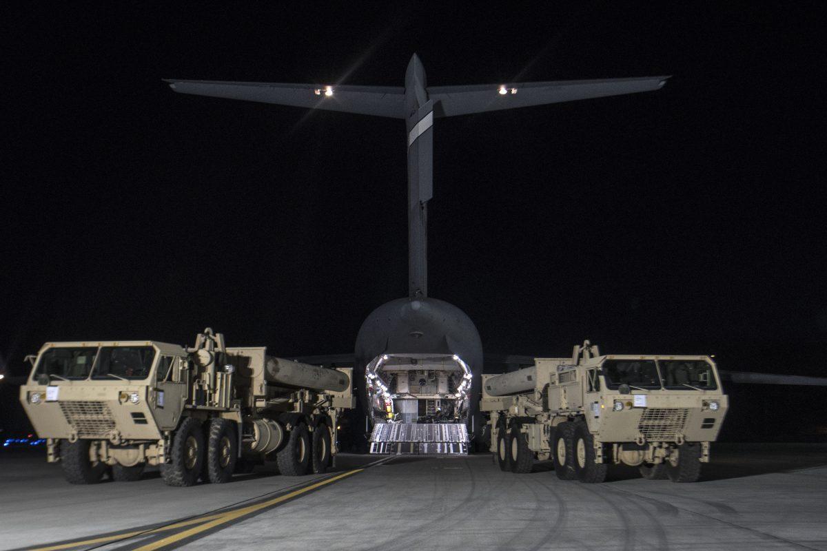 Trucks carrying U.S. missile launchers and other equipment needed to set up the Terminal High Altitude Area Defense (THAAD) missile defense system arrive at the Osan air base in Pyeongtaek, South Korea, on March 6, 2017. (U.S. Force Korea via AP)