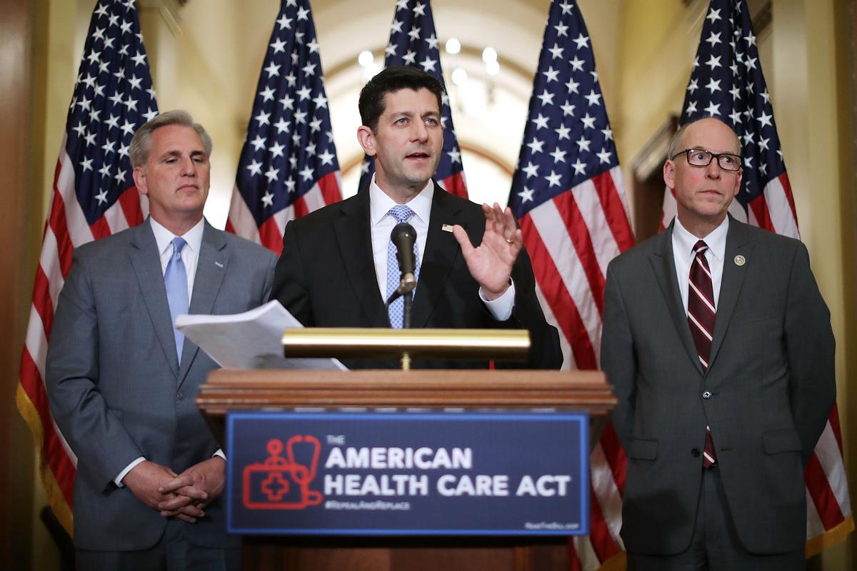 Speaker of the House Paul Ryan (C) answers questions about the House GOP's new American Health Care Act with Rep. Kevin McCarthy (L) and Rep. Greg Walden in Washington on March 7. (Chip Somodevilla/Getty Images)
