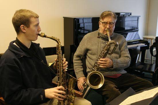 Will Anderson with his legendary Juilliard teacher, Joe Temperley. His teaching was "honest, tough and beautiful," Will said. (Courtesy of Will Anderson)