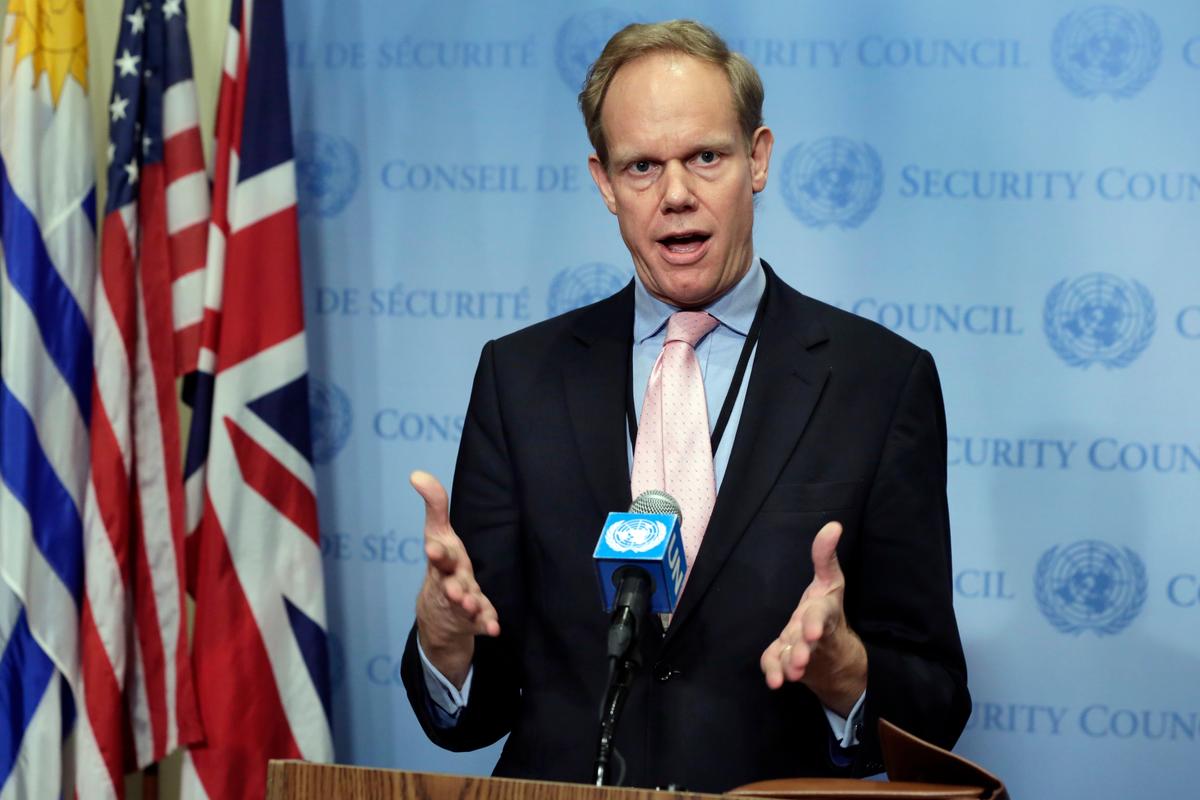 Britain's Ambassador Matthew Rycroft speaks during news conference after consultations of the United Nations Security Council on March 8, 2017. (AP Photo/Richard Drew)