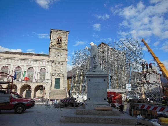 On March 3, reconstruction work is underway on the Basilica of St. Benedict, which pays homage to Europe's patron saint, St Benedict. The basilica in the town of Norcia, Italy was damaged by an earthquake in October 2016. (Angela Giuffrida)