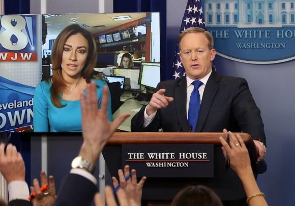 White House Press Secretary Sean Spicer takes questions from reporters including Natalie Herbick of FOX 8 in Cleveland via Skype, in the Brady Press Briefing Room at the White House in Washington on Feb. 1, 2017. (Mark Wilson/Getty Images)
