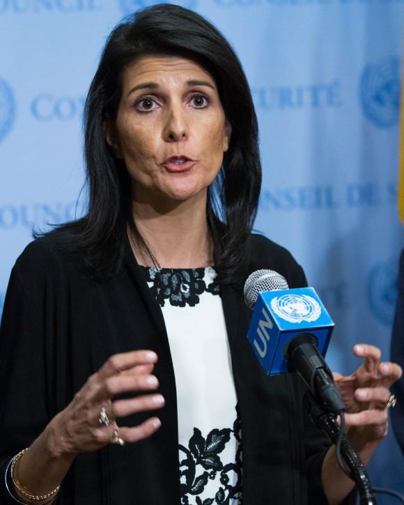 UN Ambassador Nikki Haley speaks to the media after taking part in the UN Security Council consultations on North Korea's recent missile launches at UN headquarters in New York on March 8, 2017. (EDUARDO MUNOZ ALVAREZ/AFP/Getty Images)