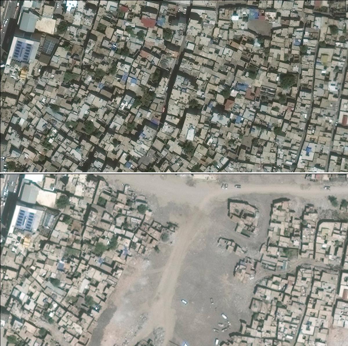 Combo from satellite photos provided by UNOSAT shows the city of Sur in Turkey's Diyarbakir Province on June 22, 2015, top, and on July 26, 2016 bottom. (DigitalGlobe/UNOSAT via AP)