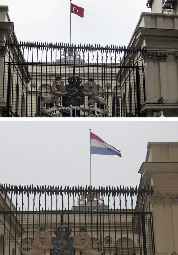 In this combo image of two photographs shot on Sunday, March 12, 2017, a Turkish flag, top picture, flies over the Dutch consulate in Istanbul shortly after a man climbed onto the roof and replaced the Netherlands' flag with the Turkish one, while on the bottom the Netherlands one is restored back by officials after the man was apprehended. (AP Photo)