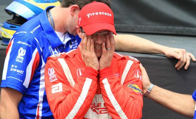 Sebastien Bourdais wipes away tears before the podium ceremony for his victory in the 2017 St. Pete Grand Prix. (Chris Jasurek/Epoch Times)