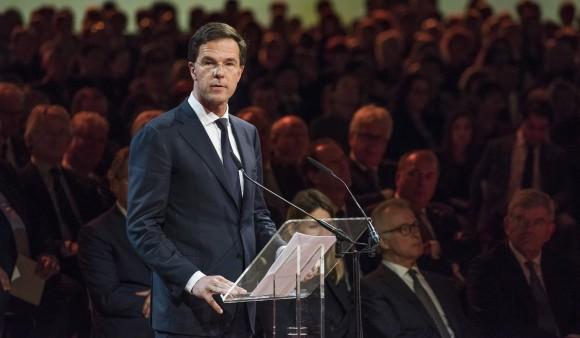 Prime Minister of the Netherlands Mark Rutte speaks during a national commemoration ceremony for relatives and friends of the victims of the Malaysia Airlines Flight 17 disaster at RAI in Amsterdam, Netherlands on Nov. 10, 2014. (Frank van Beek-Pool/Getty Images)