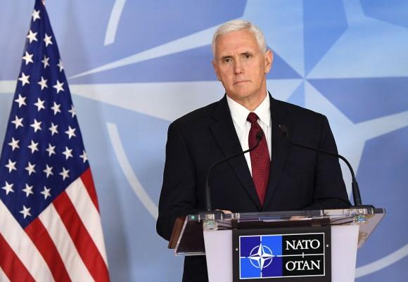 Vice-President Mike Pence gives a press conference after a meeting at the NATO headquarters in Brussels on Feb. 20, 2017. President Donald Trump expects NATO allies to make real progress by the end of this year towards the increased defense spending target agreed by the alliance, Pence said on Feb. 20, 2017. (EMMANUEL DUNAND/AFP/Getty Images)