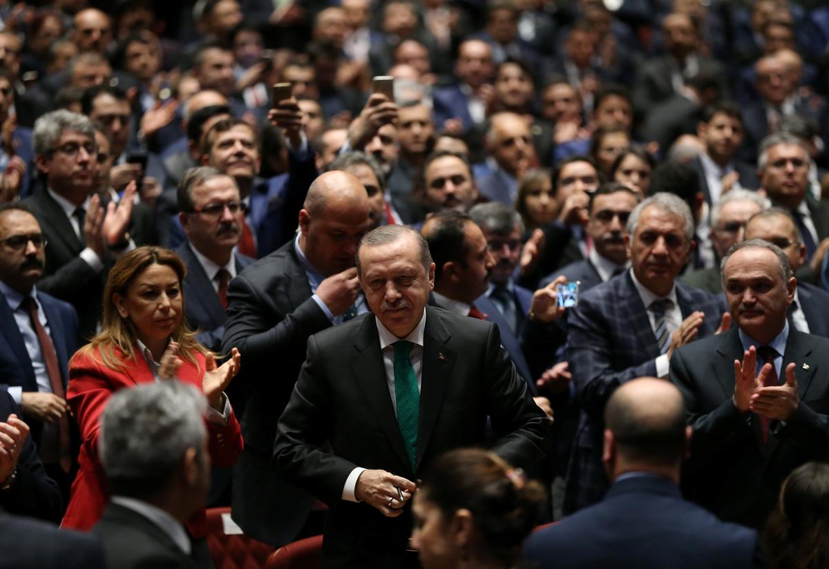 Turkish President Tayyip Erdogan arrives for a meeting in Ankara on March 14, 2017. (Murat Cetinmuhurdar/Presidential Palace/Handout via REUTERS)