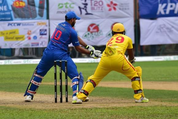 Babar Hayat of Kowloon Cantons hits square during the final of the T20 Blitz against City Kaitak in Hong Kong on Sunday March 12,2017. (Bill Cox/Epoch Times)