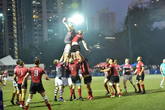 Valley (Red and Black) and Kowllon contest for a lineout during the early stages of the Championship final at King's Park on Saturday March 11, 2017. (Bill Cox/Epoch Times)/
