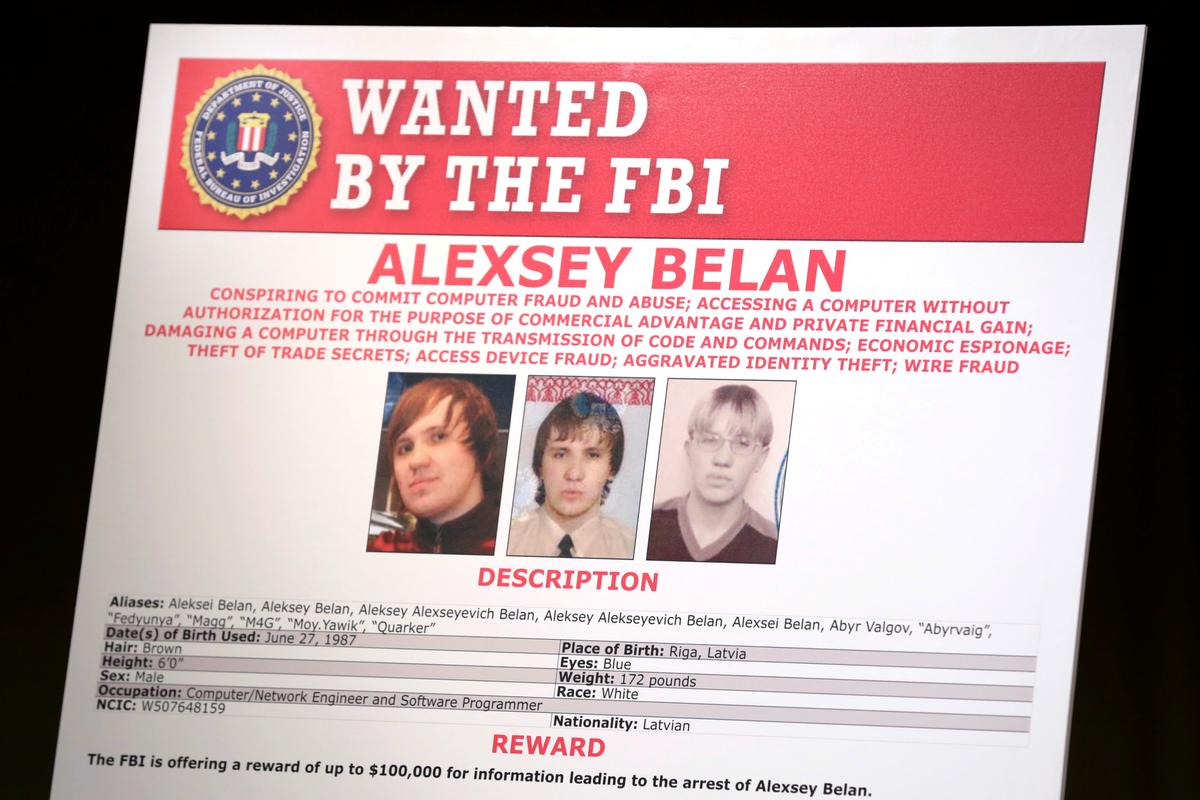 A poster of suspected Russian hackers is seen before FBI National Security Division and the U.S. Attorney's Office for the Northern District of California joint news conference at the Justice Department in Washington, U.S. on March 15, 2017. (REUTERS/Yuri Gripas)