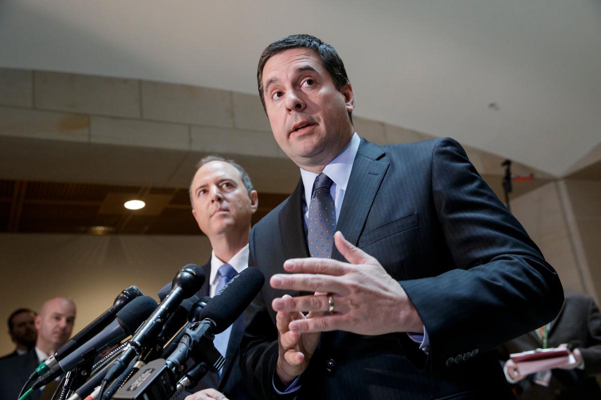 House Intelligence Committee Chairman Rep. Devin Nunes, R-Calif. (R) accompanied by the committee's ranking member, Rep. Adam Schiff, D-Calif., talks to reporters, on Capitol Hill in Washington on March, 15, 2017. (AP Photo/J. Scott Applewhite)