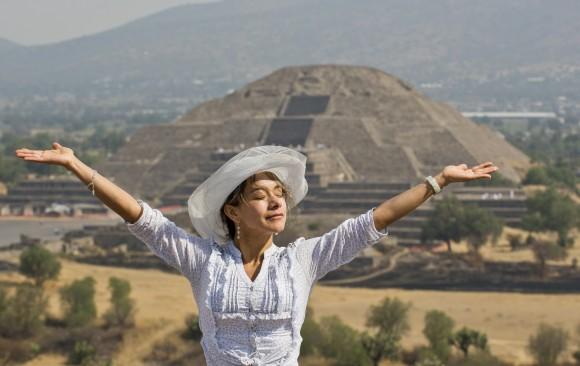 A woman "receives energy" from the sun atop the Pyramid of the Sun at the archaeological site of Teotihuacan, Mexico, during the celebrations for the Spring Equinox on March 21, 2013. (Ronaldo Schemidt/AFP/Getty Images)