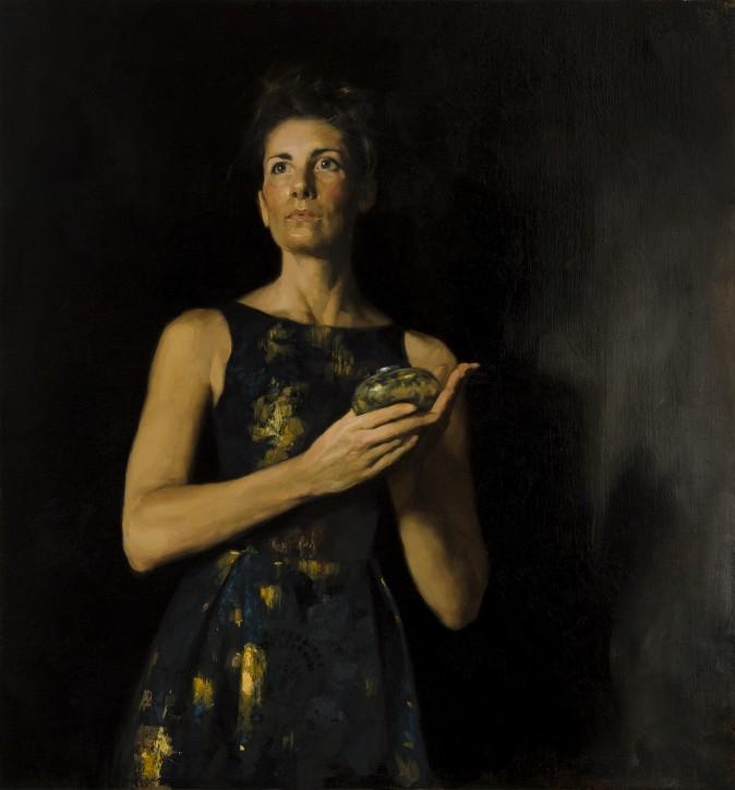 "Girl with Glass Vase," 2016, by Jennifer Gennari. Oil on linen, 26 inches by 28 inches. (Jaiseok Kang)