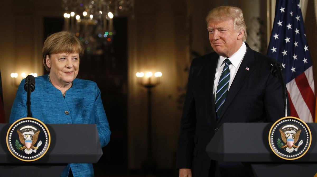 U.S. President Donald Trump and German Chancellor Angela Merkel conclude their joint news conference in the East Room of the White House in Washington, U.S., on March 17, 2017. (REUTERS/Jim Bourg)