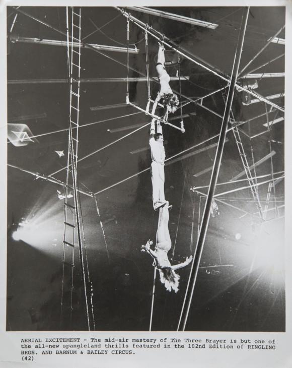 Ildiko Trien (nee Brayer) (bottom) completes one of the most difficult maneuvers on a trapeze, with her brother, Csaba, catching her with his feet. The two were in Florida as part of a cultural exchange with the Ringling Bros. in 1971. (Courtesy of Ildiko Trien)